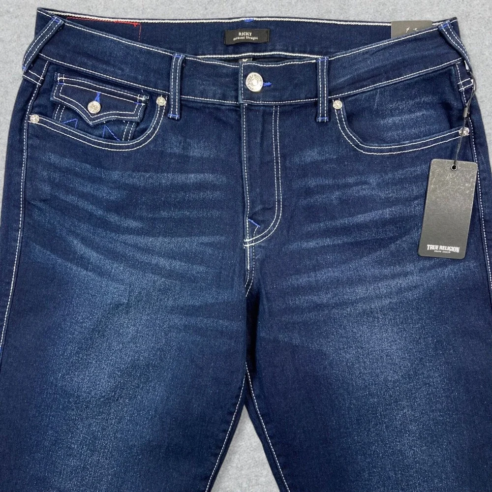 NEW True Religion Jeans Mens 34x34 Blue Denim Ricky Flap Distressed Straight Leg